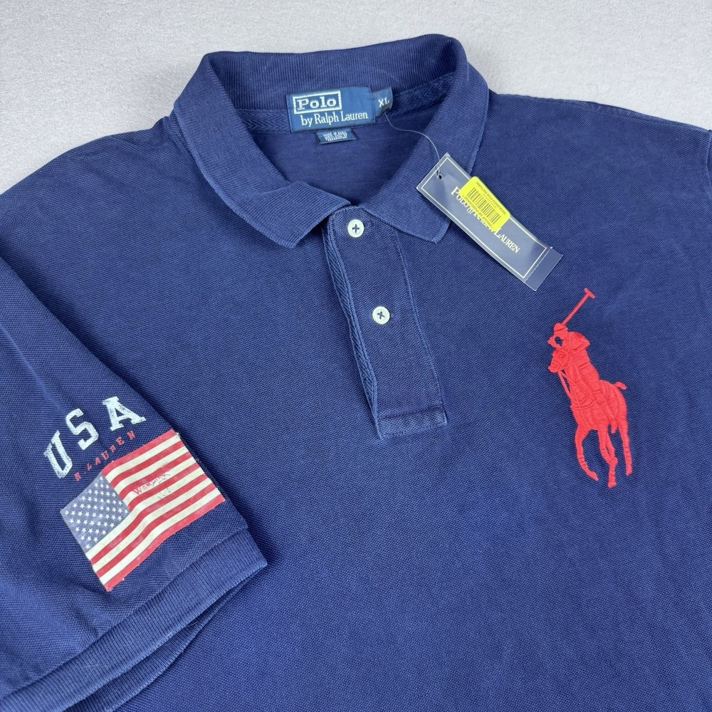 NWT Vintage Polo Ralph Lauren Short Sleeve Polo Big Pony USA Patch Men XL Navy